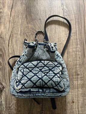DeeZee Mini Denim Backpack Quilted Acid Wash Drawstring Bucket Bag Blue